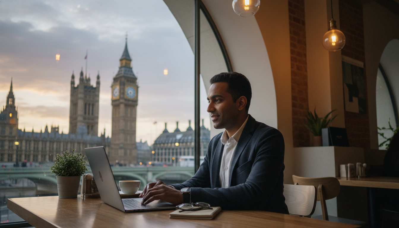 A professional person of diverse background sitting in a modern London cafe with a laptop, looking at the Big Ben through the window, high-quality, photorealistic, 8k resolution, cinematic lighting.