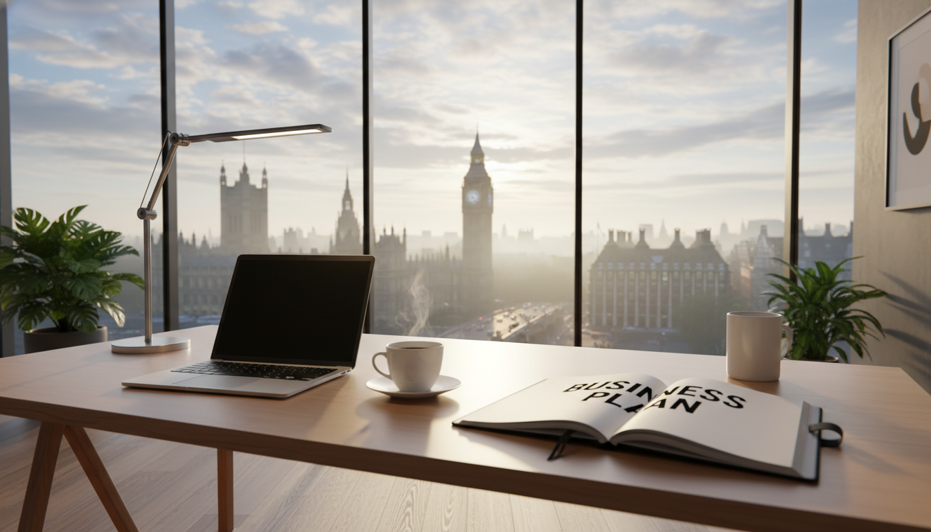 A professional and clean workspace in a modern London office with a view of Big Ben through the window, featuring a sleek laptop, a notebook with 