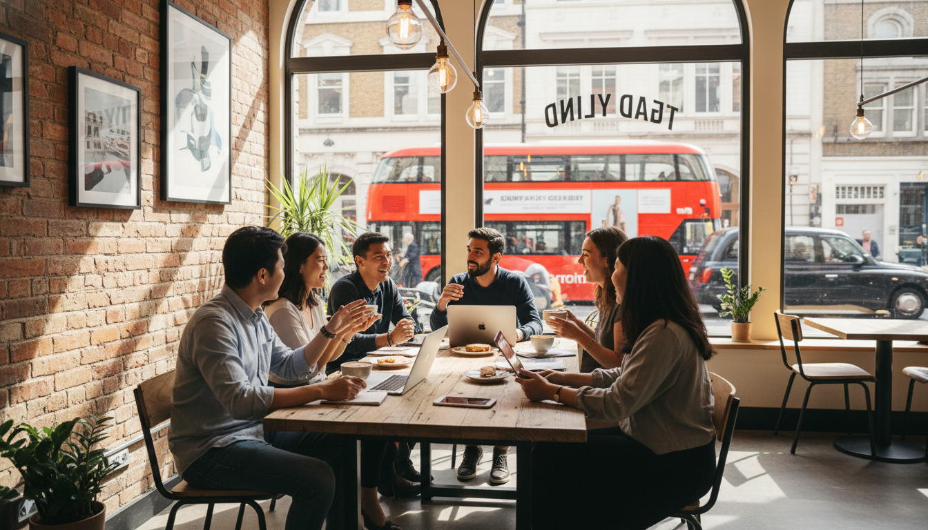 A diverse group of young entrepreneurs having a casual meeting in a bright, modern London cafe with brick walls and large windows showing a glimpse of a red double-decker bus outside, photorealistic, cinematic lighting, 8k resolution