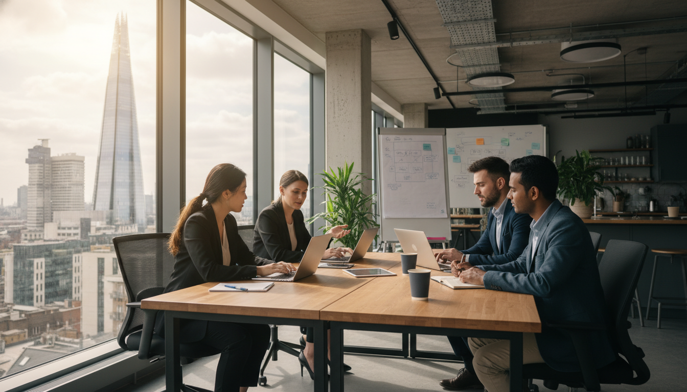 A diverse group of young entrepreneurs collaborating in a modern, sunlit co-working space in London, featuring views of the Shard through the window, photorealistic style, high quality.