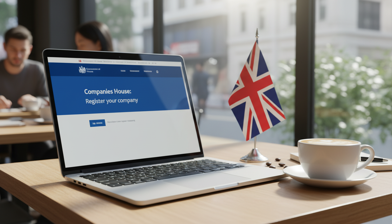 A high-quality, photorealistic image of a sleek modern laptop on a bright cafe table, displaying the UK Companies House registration portal on the screen, with a cup of latte and a small Union Jack desk flag nearby.