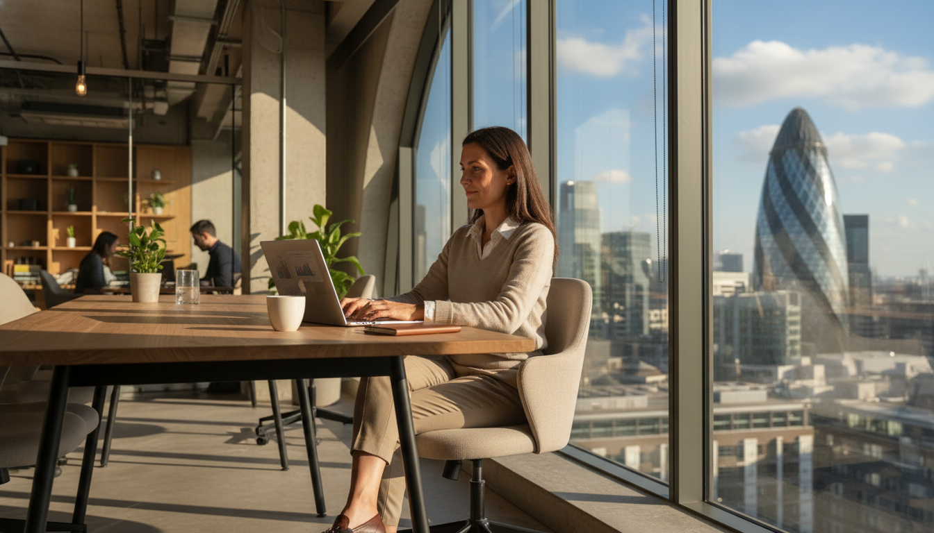 A professional expat entrepreneur sitting in a bright, modern London co-working space with a large window overlooking the iconic city skyline including the Gherkin building, working on a laptop with a focused yet relaxed expression, photorealistic, high resolution, soft natural lighting.