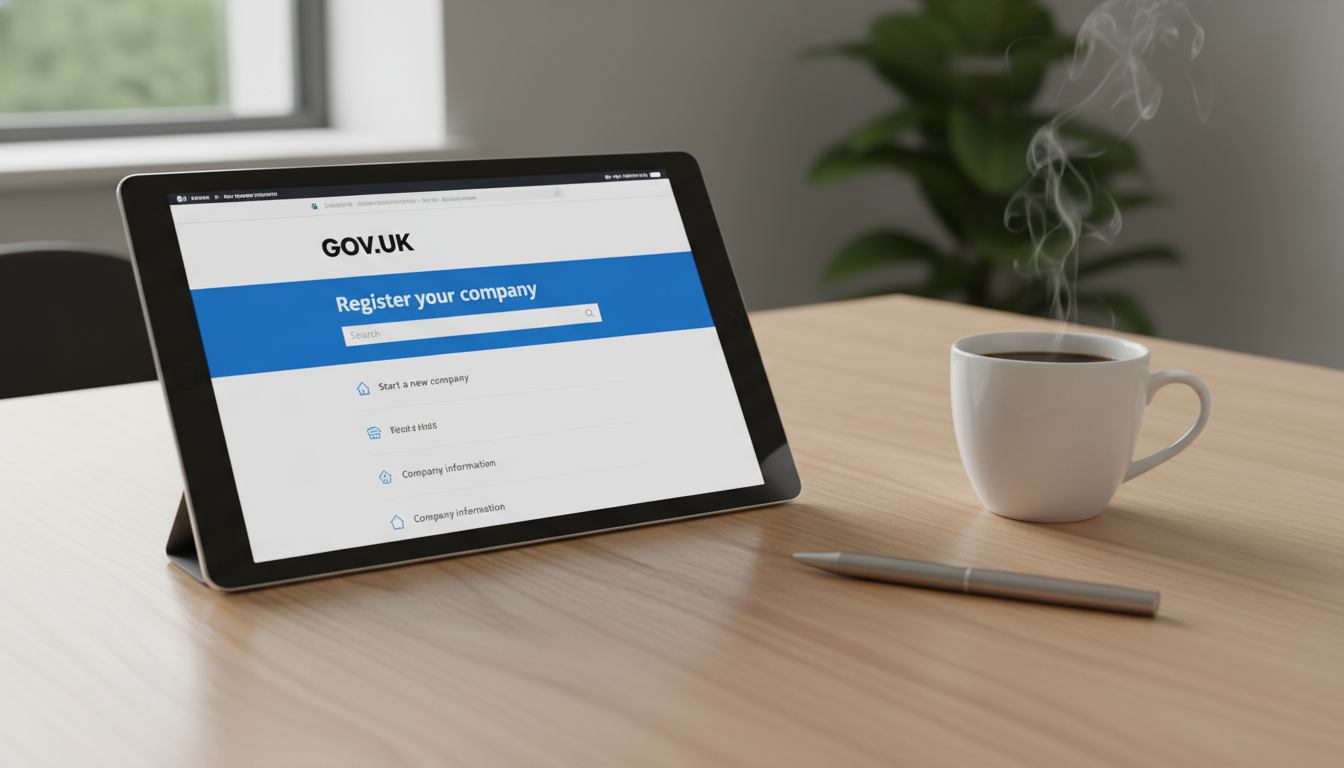 A crisp, professional, photorealistic close-up of a digital tablet showing the official UK government website for company registration, sitting on a modern wooden desk next to a sleek pen and a cup of steaming coffee, with soft natural light coming from a nearby window.