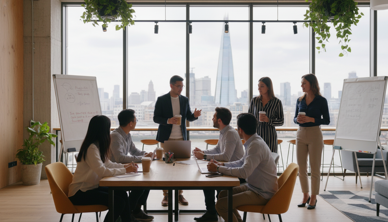 A photorealistic, high-quality image of a diverse group of young entrepreneurs collaborating in a bright, modern co-working space in London. Through the large glass windows, the iconic Shard and London skyline are visible in soft daylight. The atmosphere is energetic and professional yet casual.
